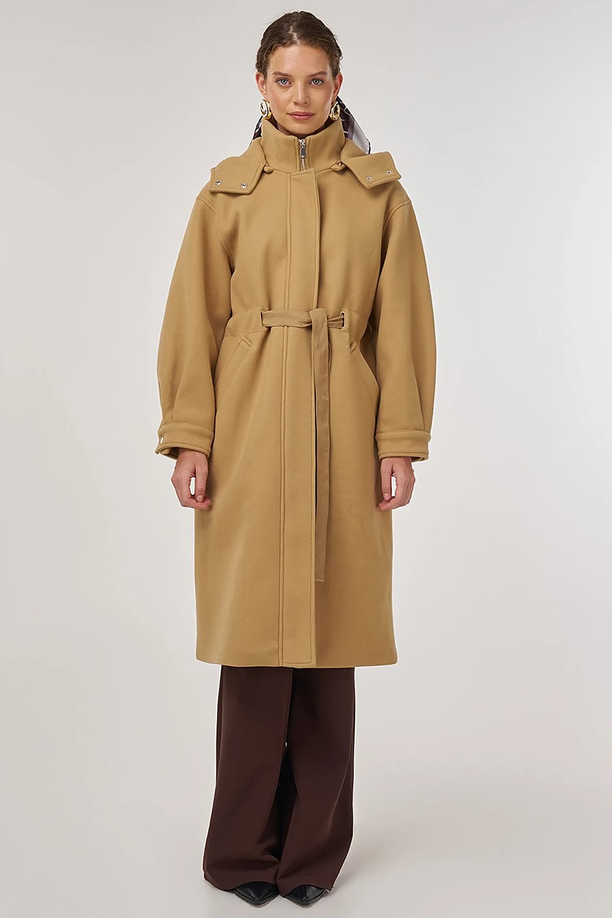 Hooded Wool-Blend Coat Beige 