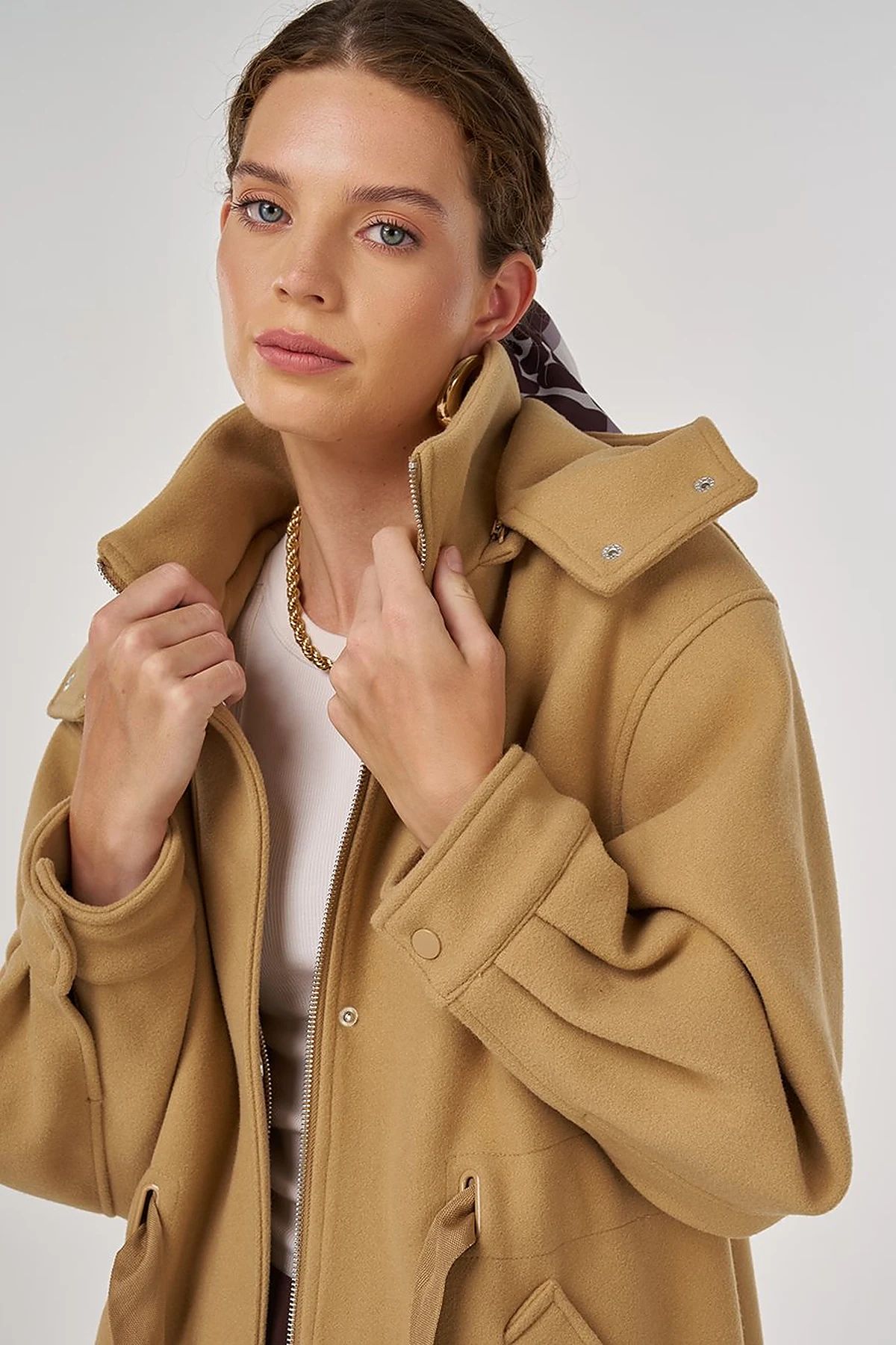 Hooded Wool-Blend Coat Beige 