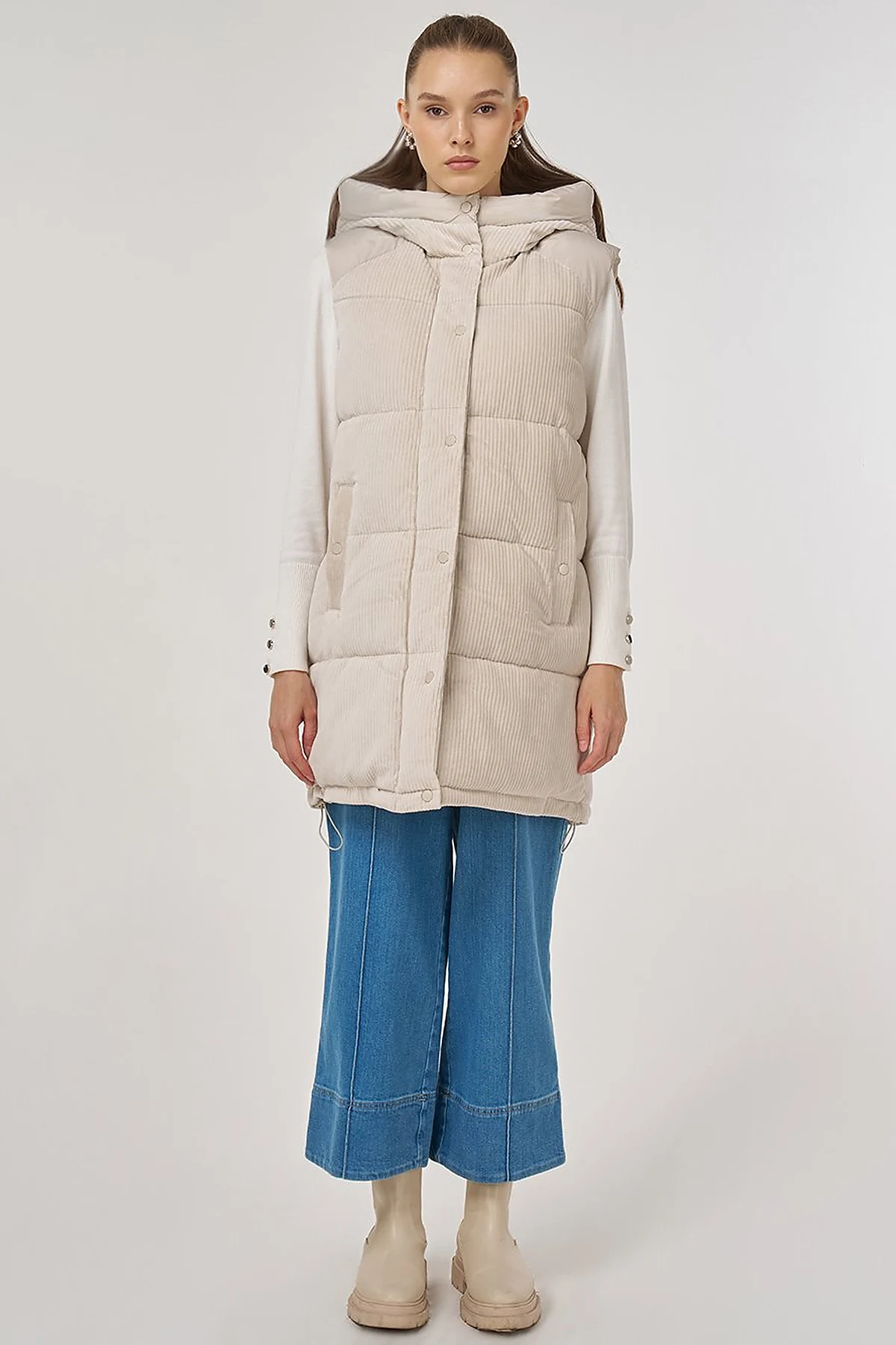 Velvet Trimmed Puffer Vest Stone 