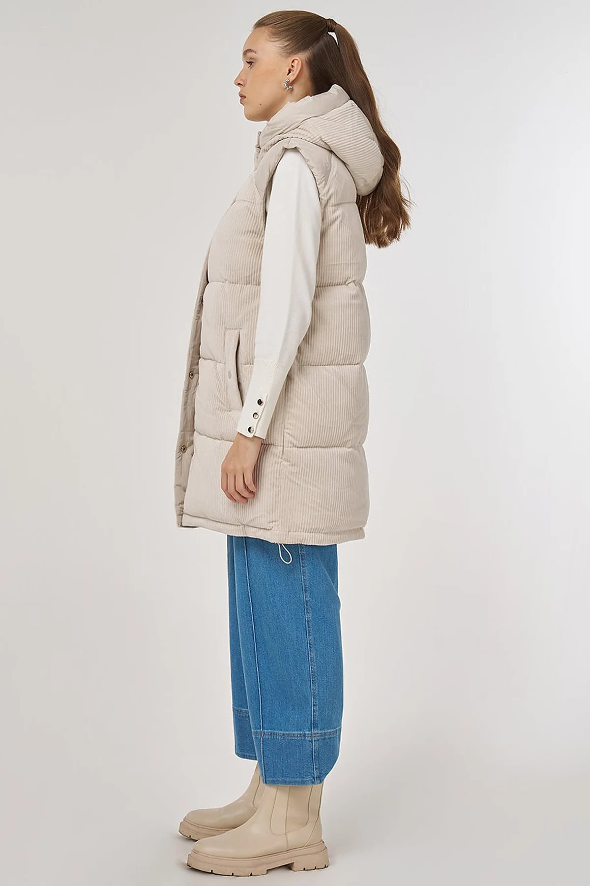 Velvet Trimmed Puffer Vest Stone 