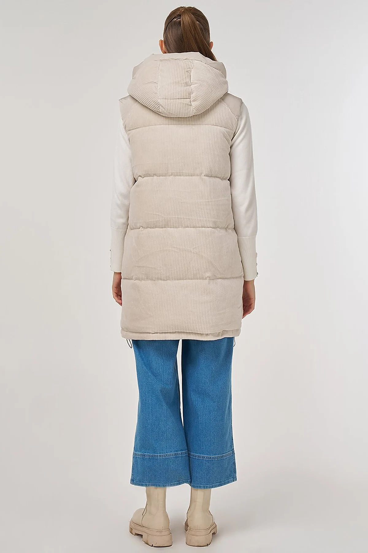 Velvet Trimmed Puffer Vest Stone 