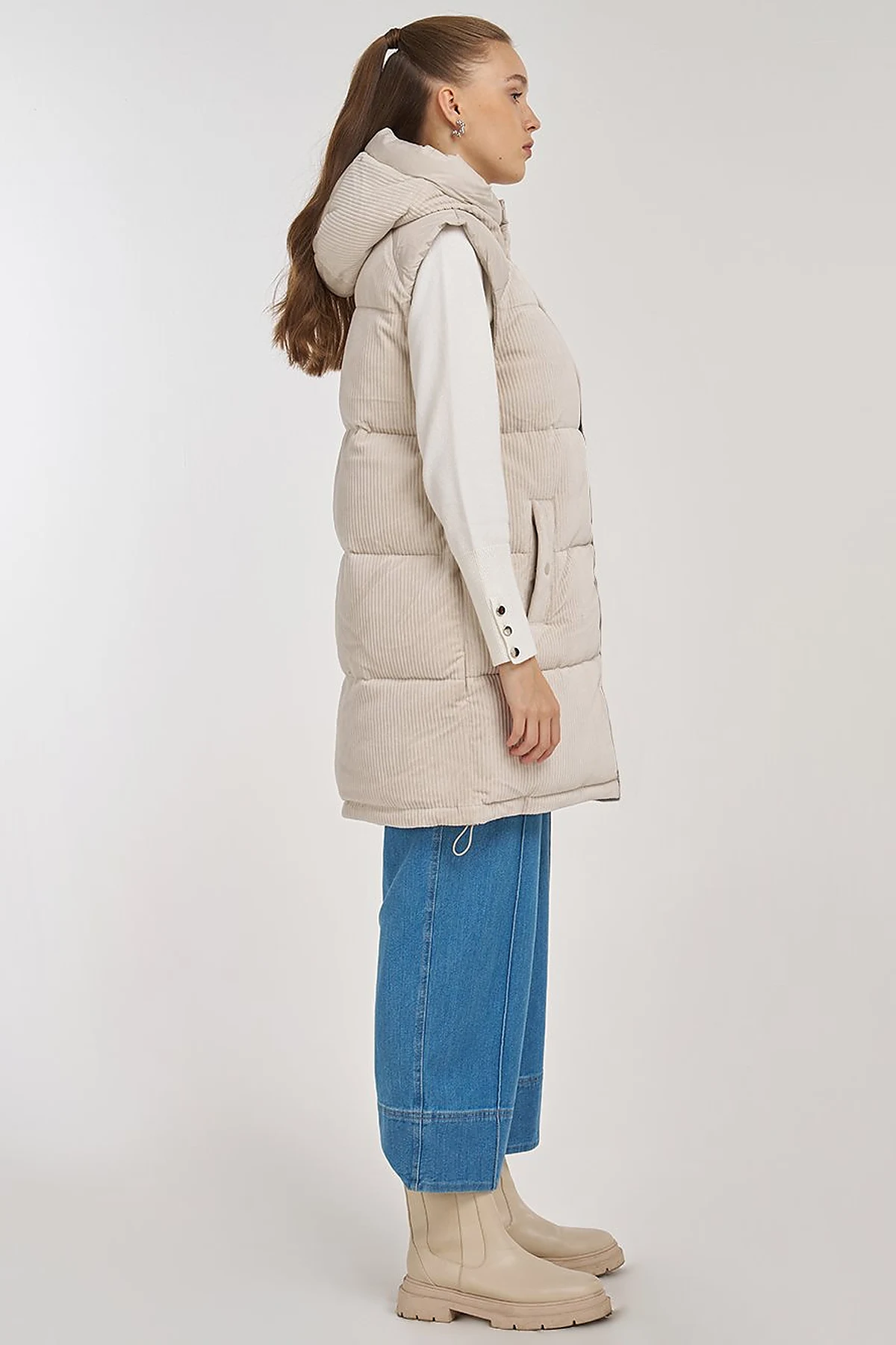 Velvet Trimmed Puffer Vest Stone 