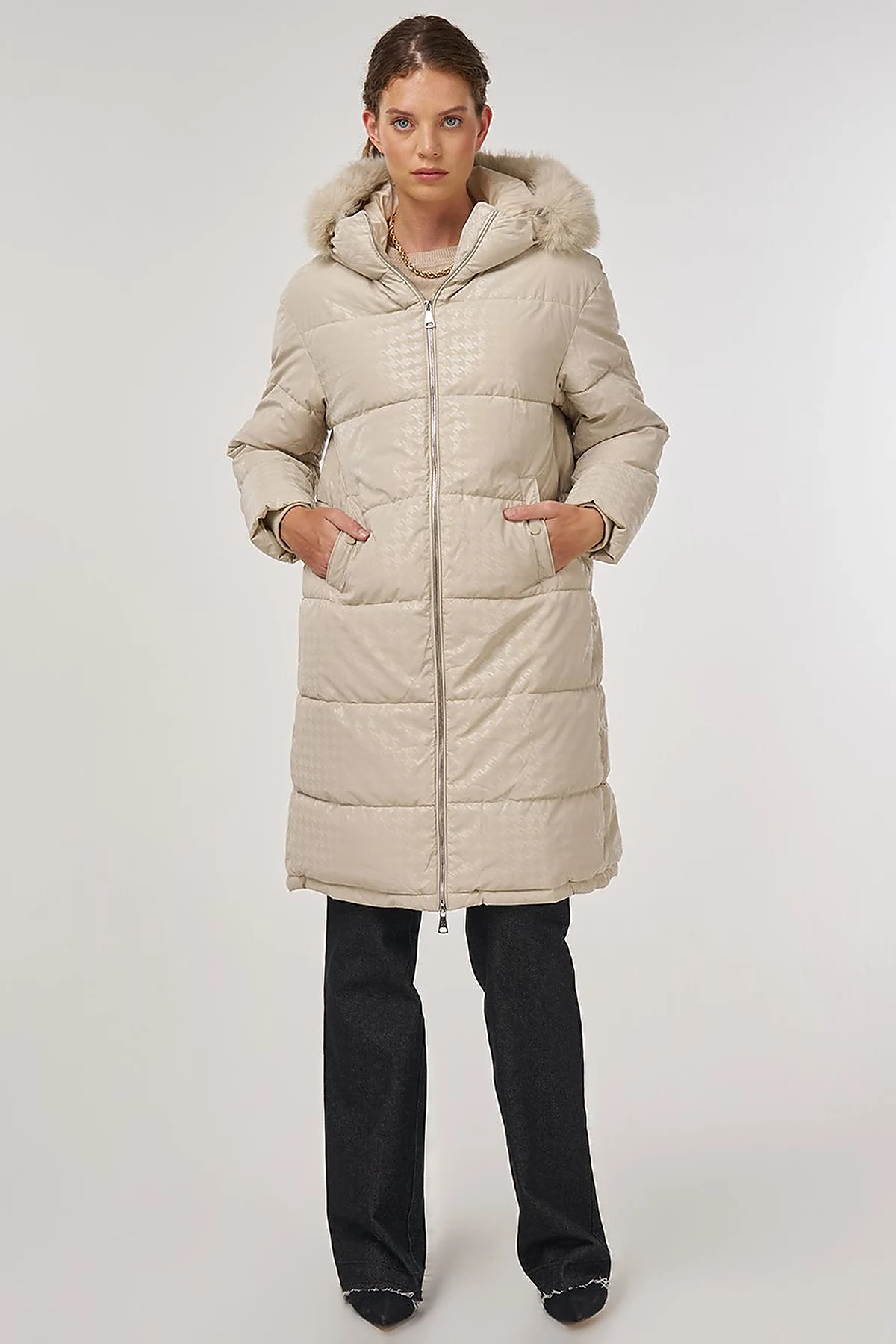 Houndstooth Pattern Anorak Jacket Stone 