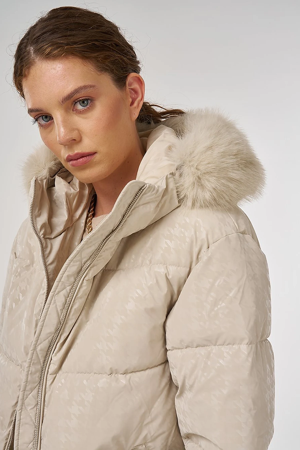 Houndstooth Pattern Anorak Jacket Stone 