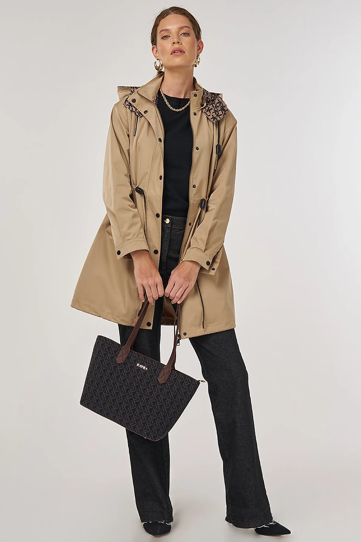 Drawstring Waist Trench Coat Light Brown