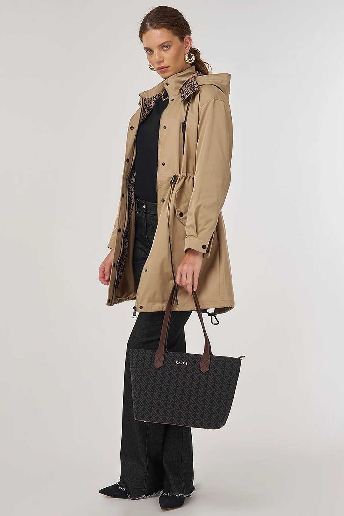 Drawstring Waist Trench Coat Light Brown