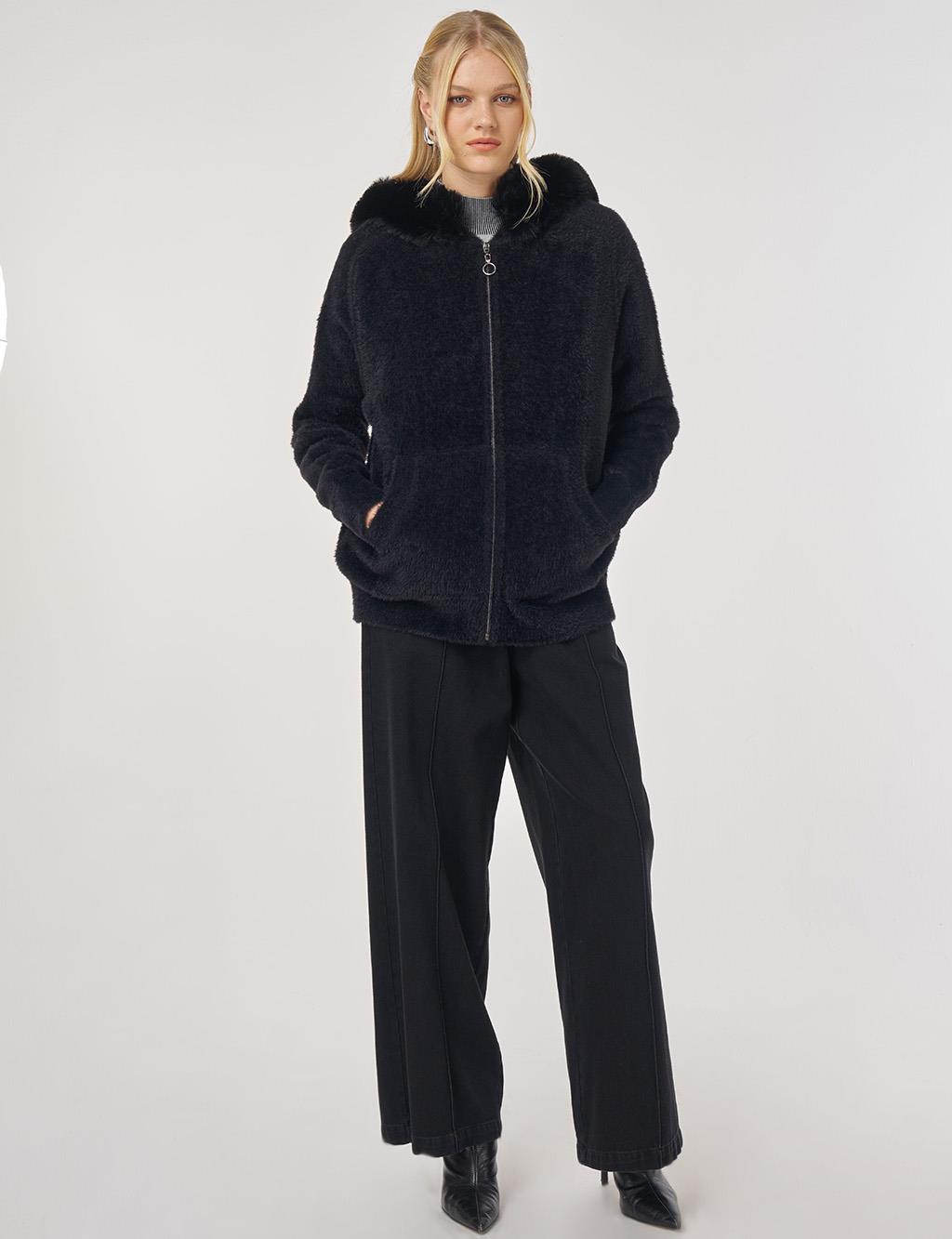 Faux Fur Hooded Knit Cardigan in Black