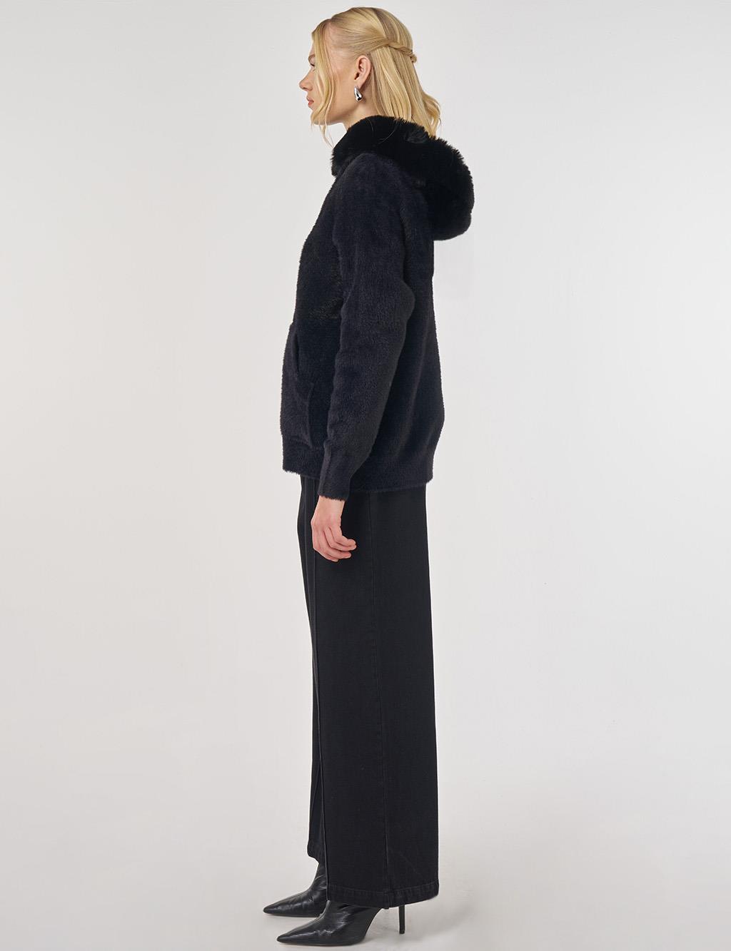 Faux Fur Hooded Knit Cardigan in Black