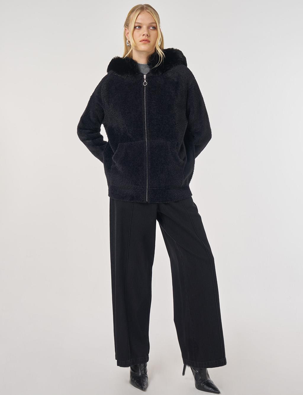 Faux Fur Hooded Knit Cardigan in Black