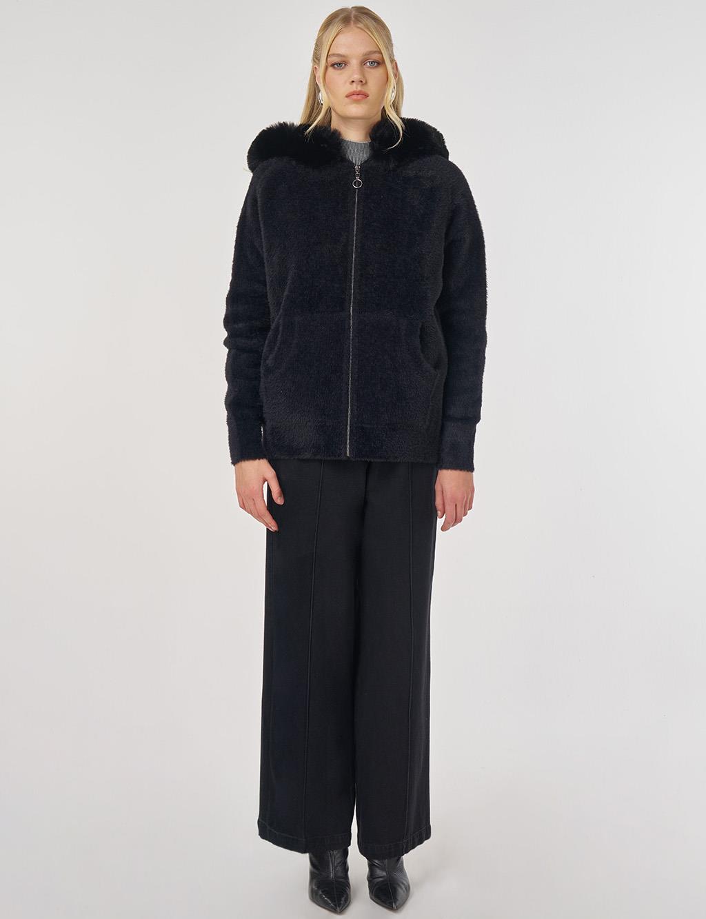 Faux Fur Hooded Knit Cardigan in Black