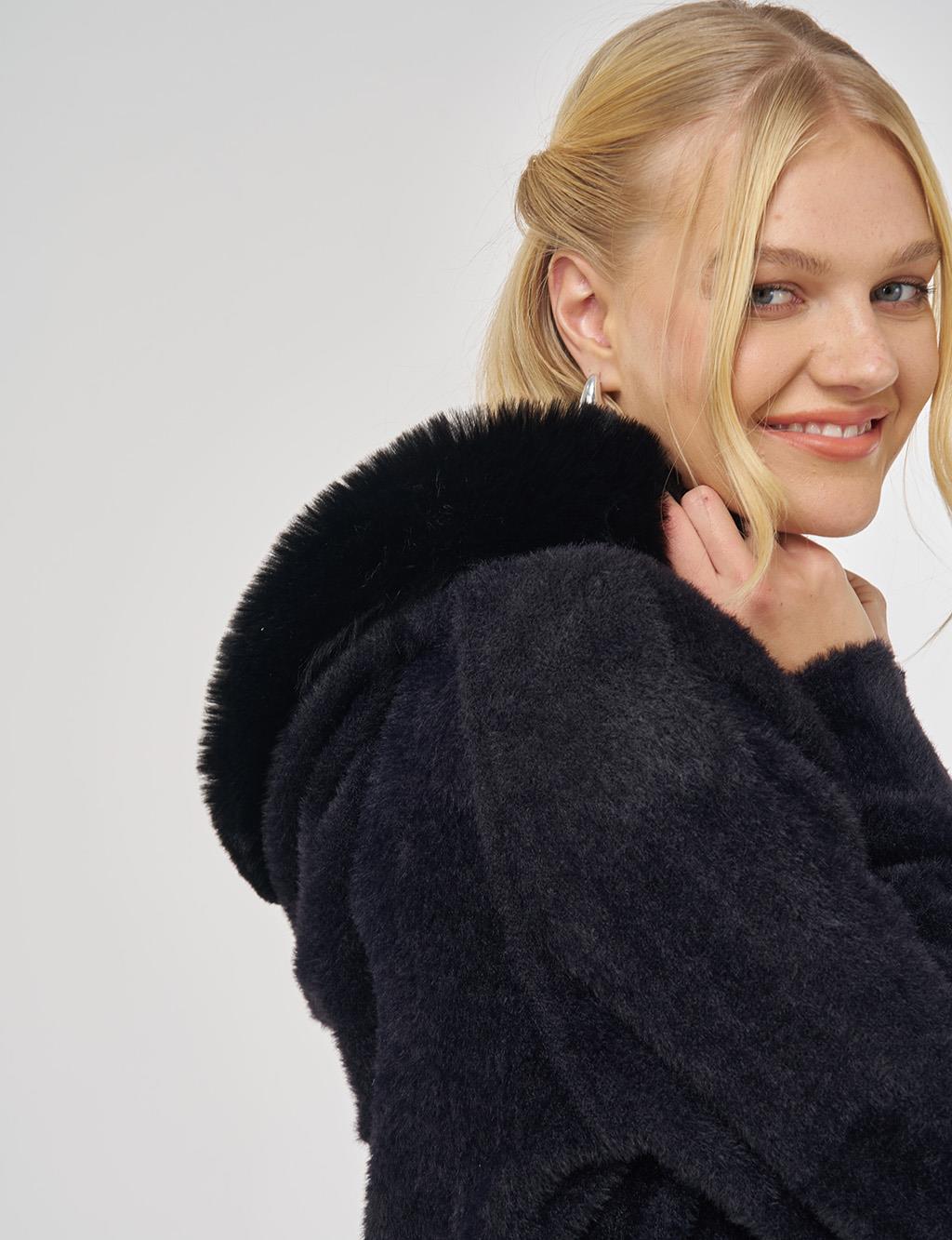 Faux Fur Hooded Knit Cardigan in Black