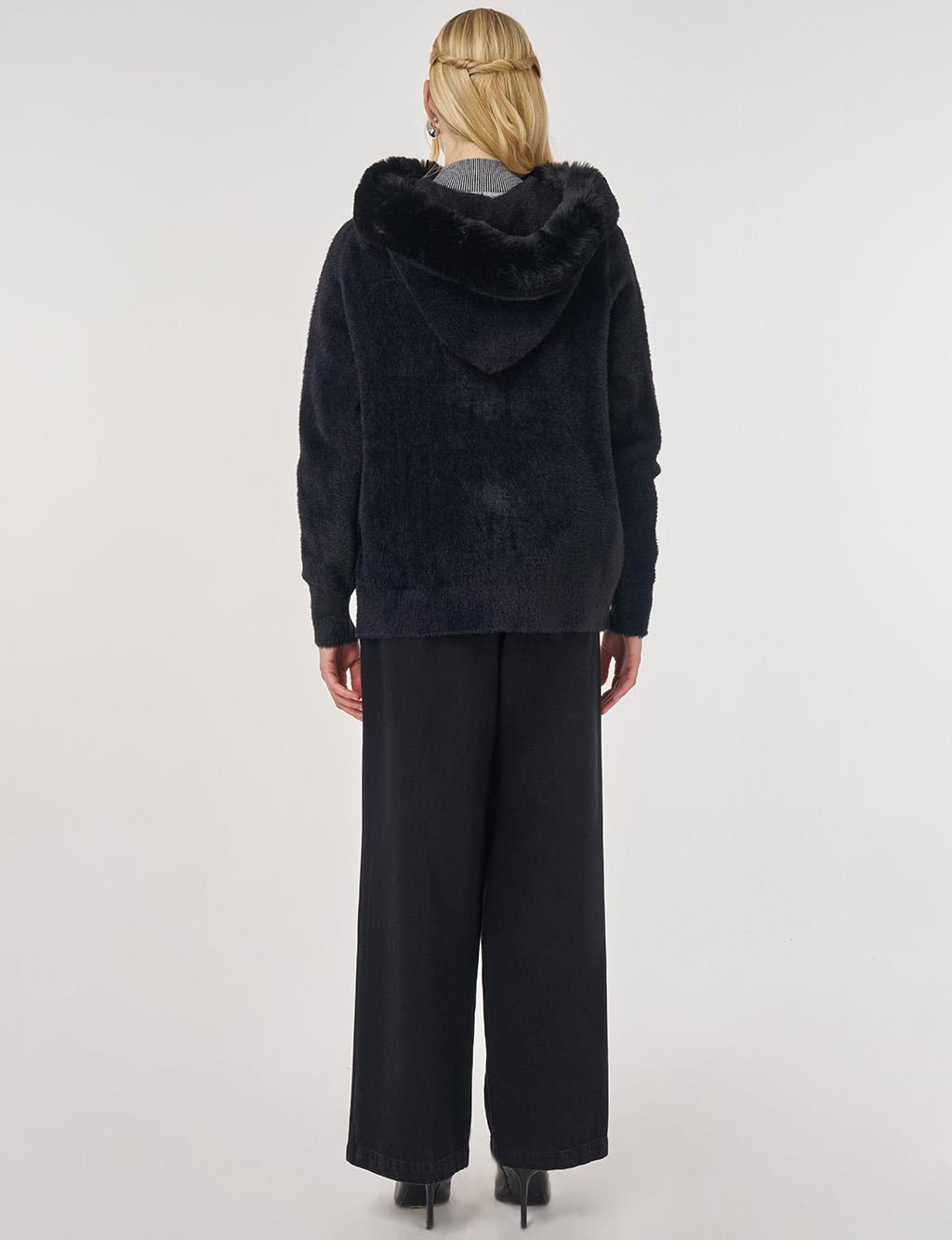 Faux Fur Hooded Knit Cardigan in Black