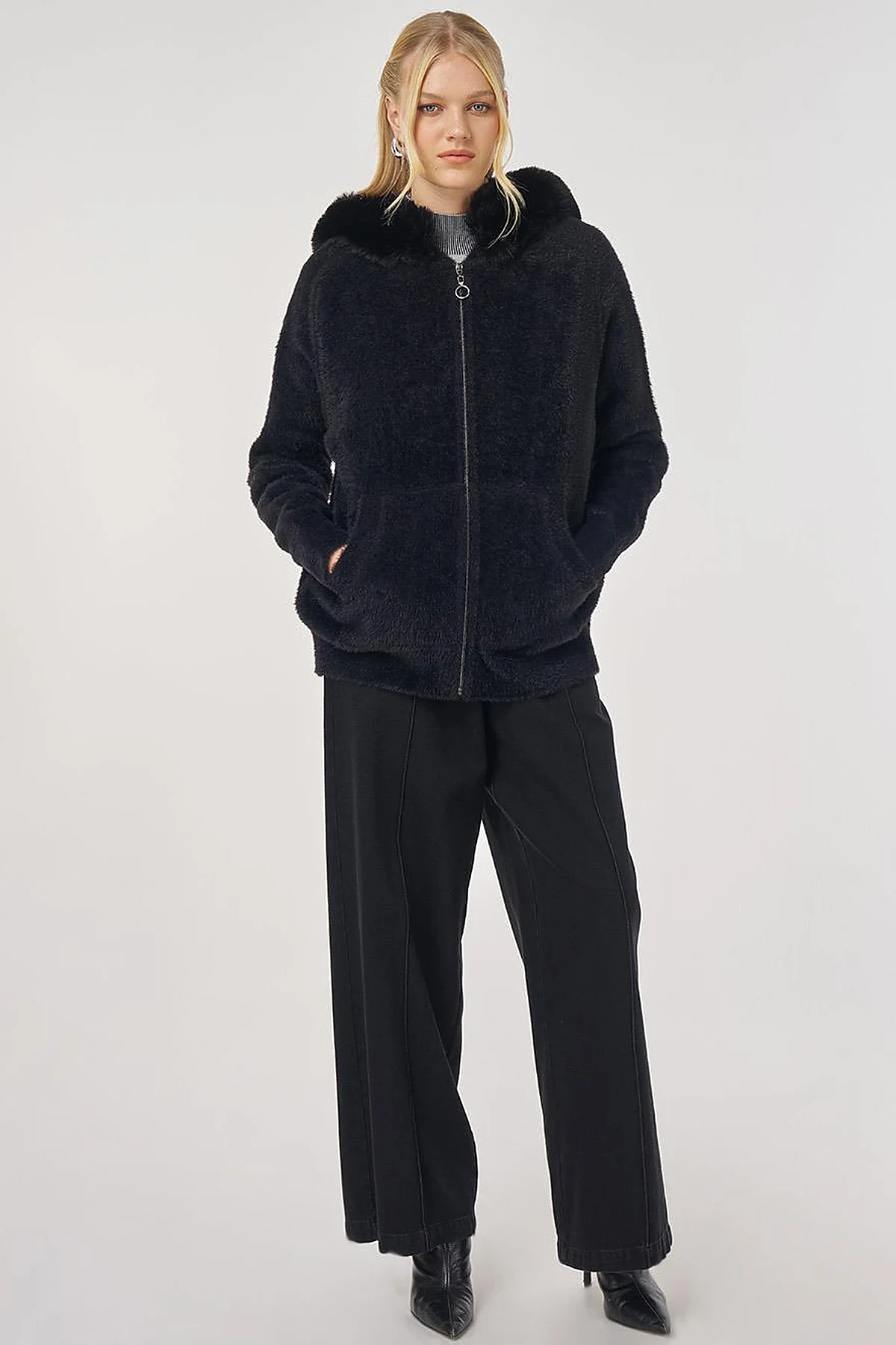 Faux Fur Hooded Knit Cardigan in Black