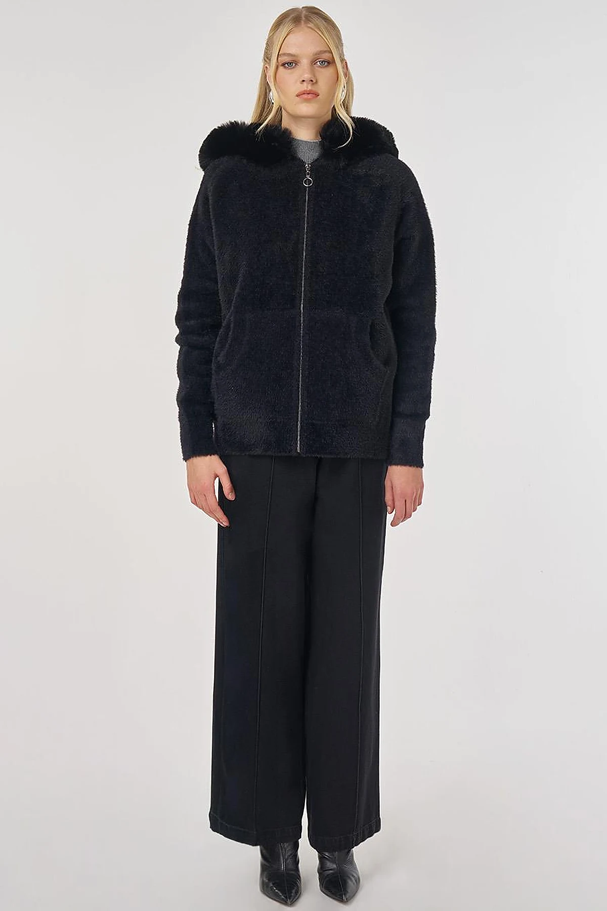 Faux Fur Hooded Knit Cardigan in Black