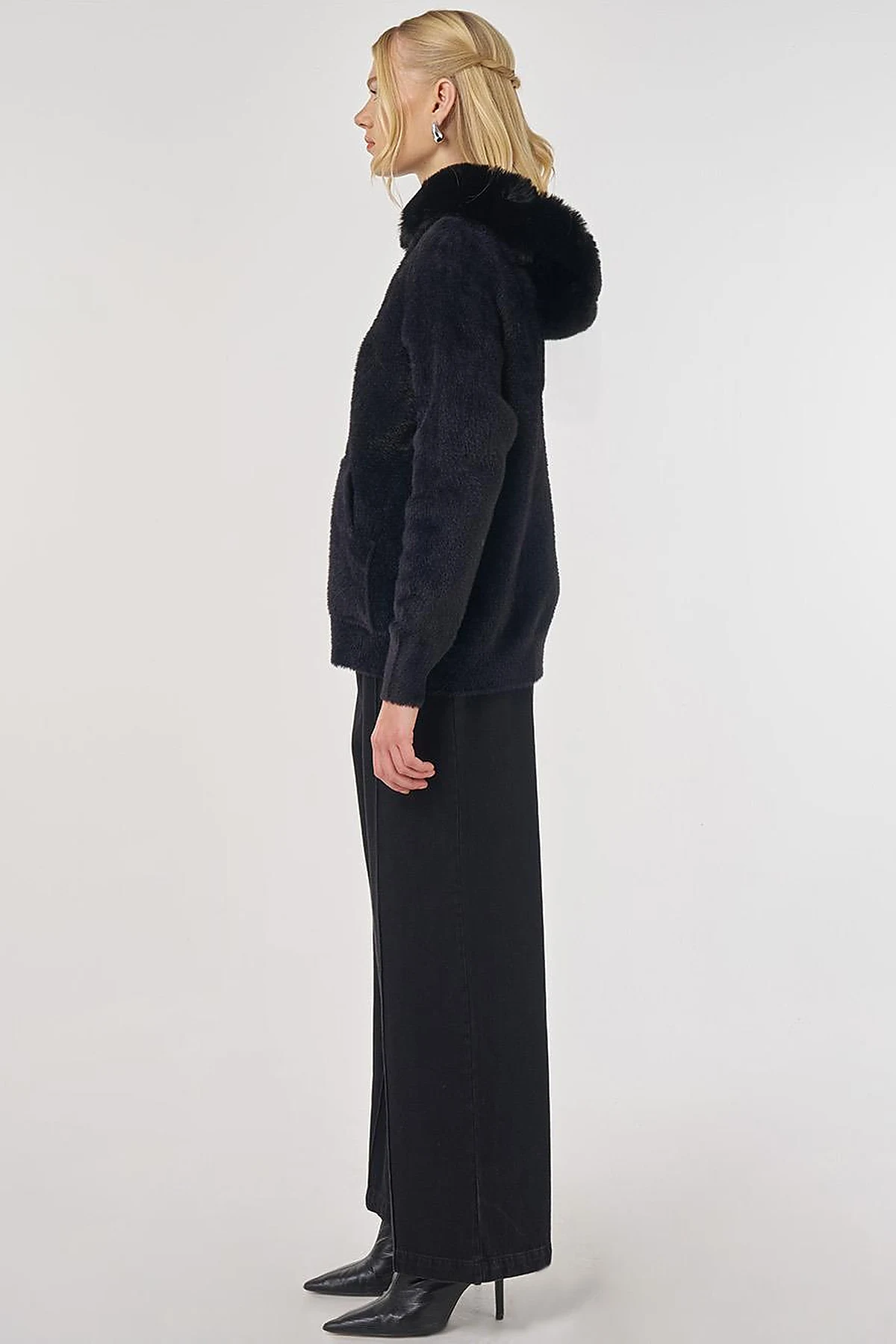 Faux Fur Hooded Knit Cardigan in Black