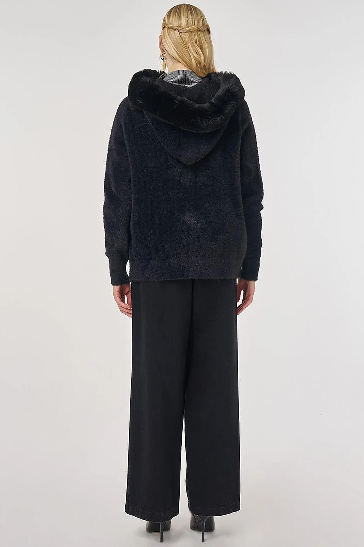 Faux Fur Hooded Knit Cardigan in Black