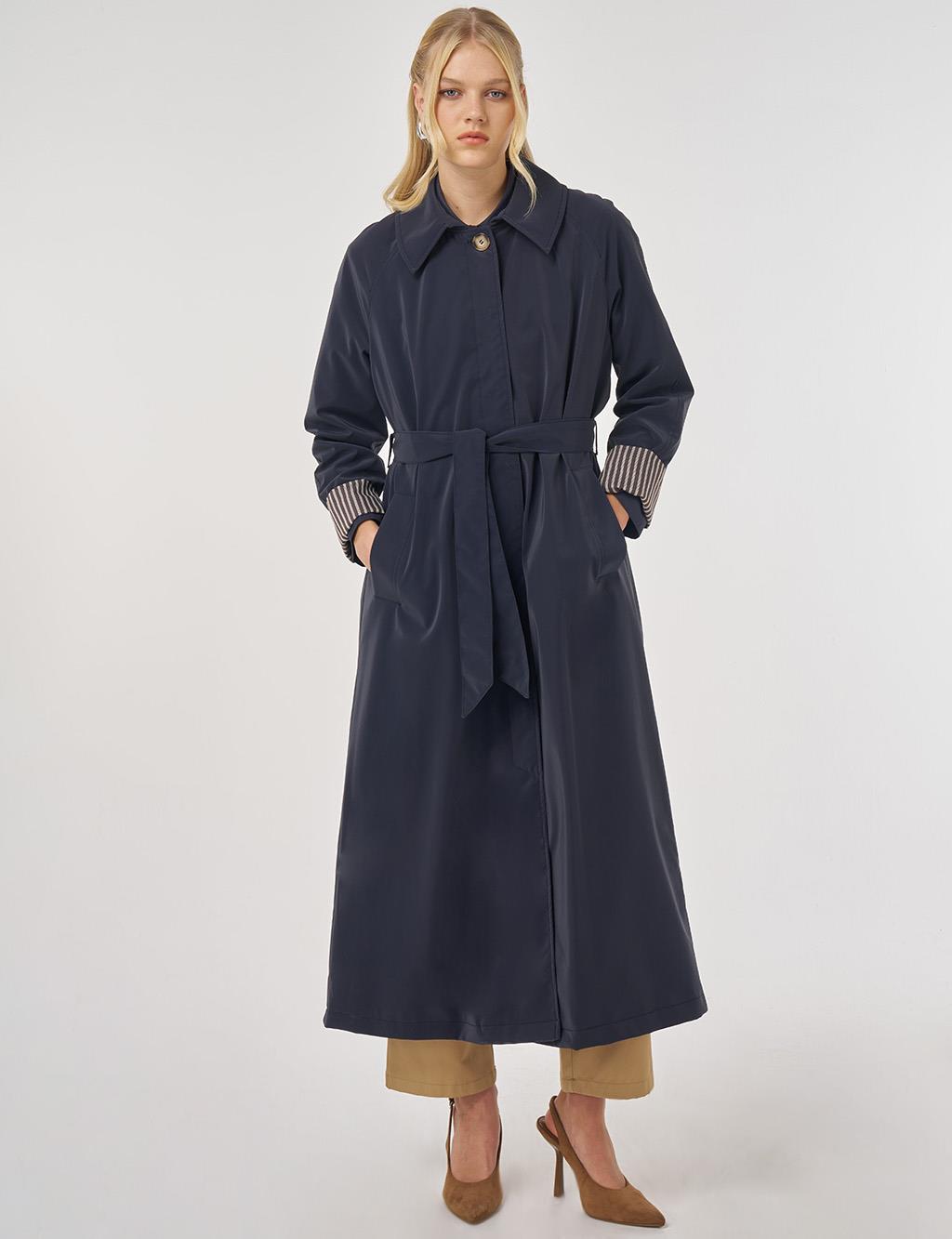 Reglan Kol Kuşaklı Pardesü Koyu Lacivert