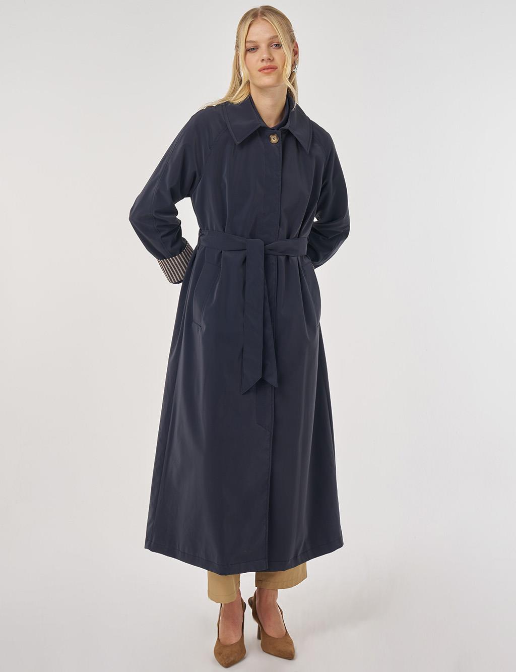 Reglan Kol Kuşaklı Pardesü Koyu Lacivert