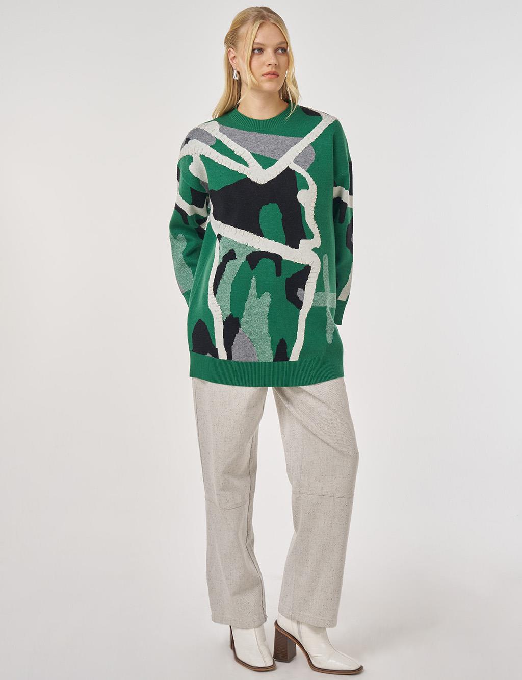 Abstract Patterned Viscose Knit Tunic in Forest Green