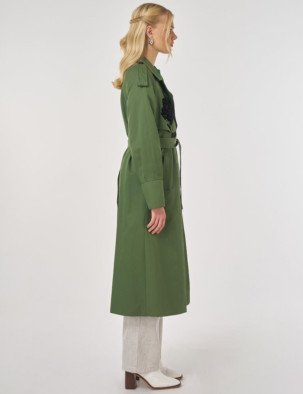 İşleme Detaylı Trençkot Orman Yeşili 