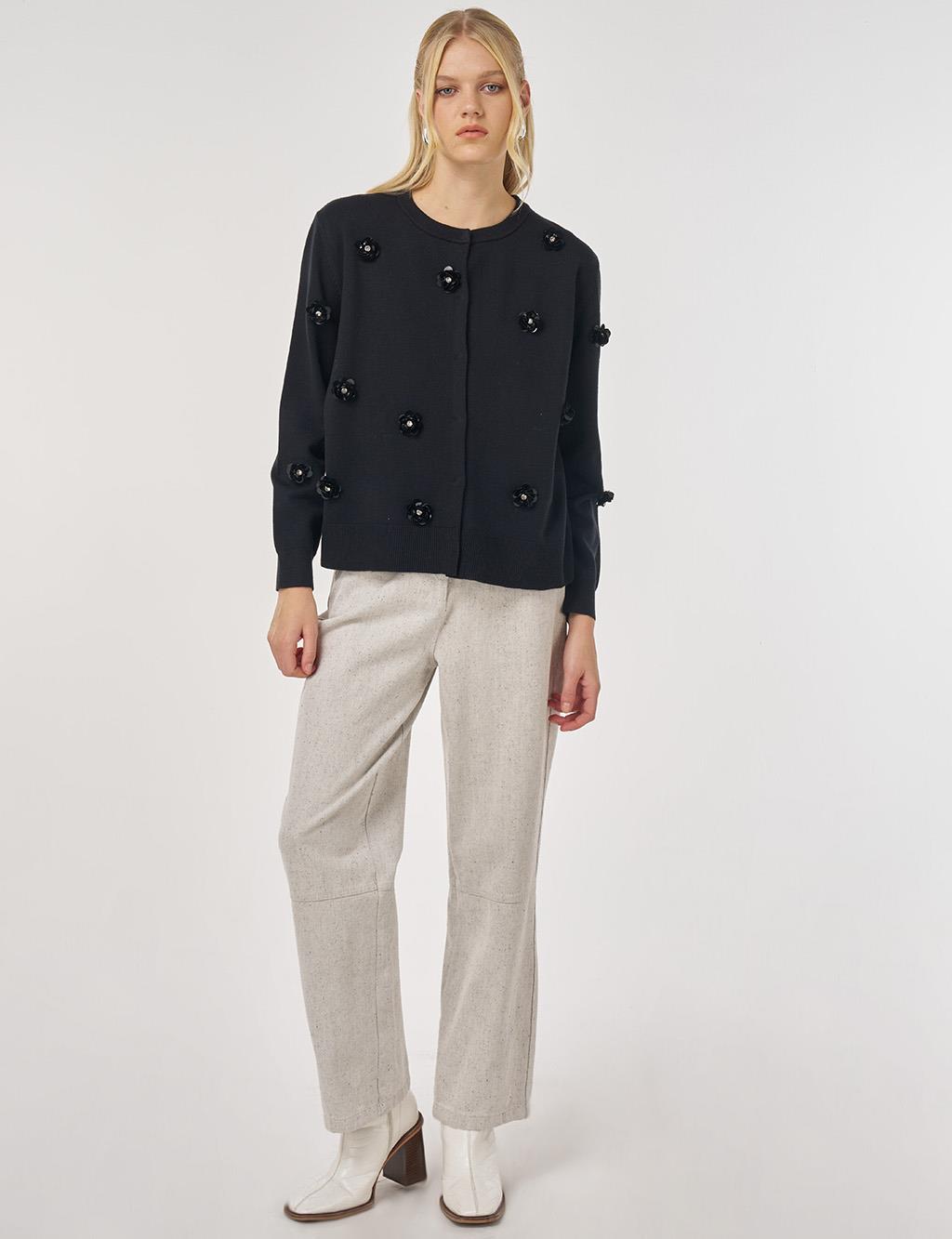 Floral Embroidered Viscose Knit Cardigan in Black