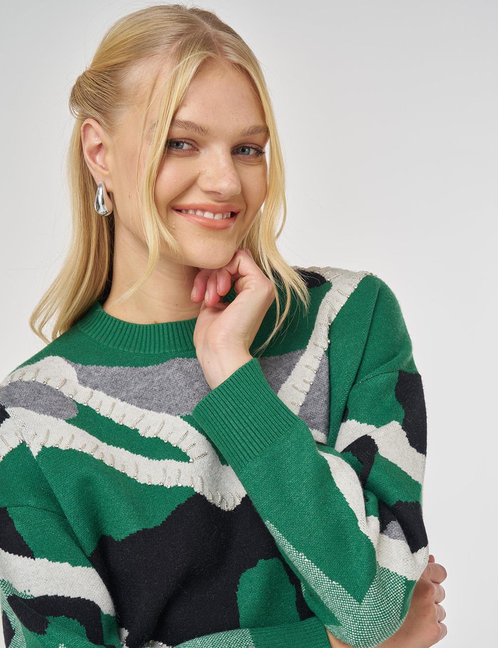 Abstract Patterned Viscose Knit Tunic in Forest Green