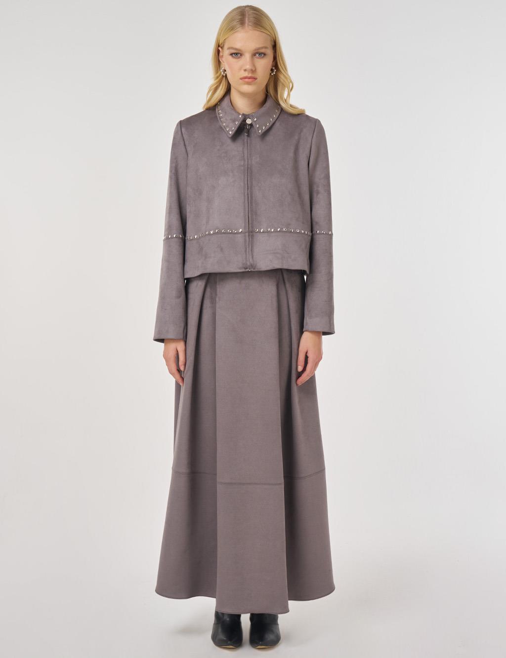 Trok Baskılı Süet Etekli Takım Füme 