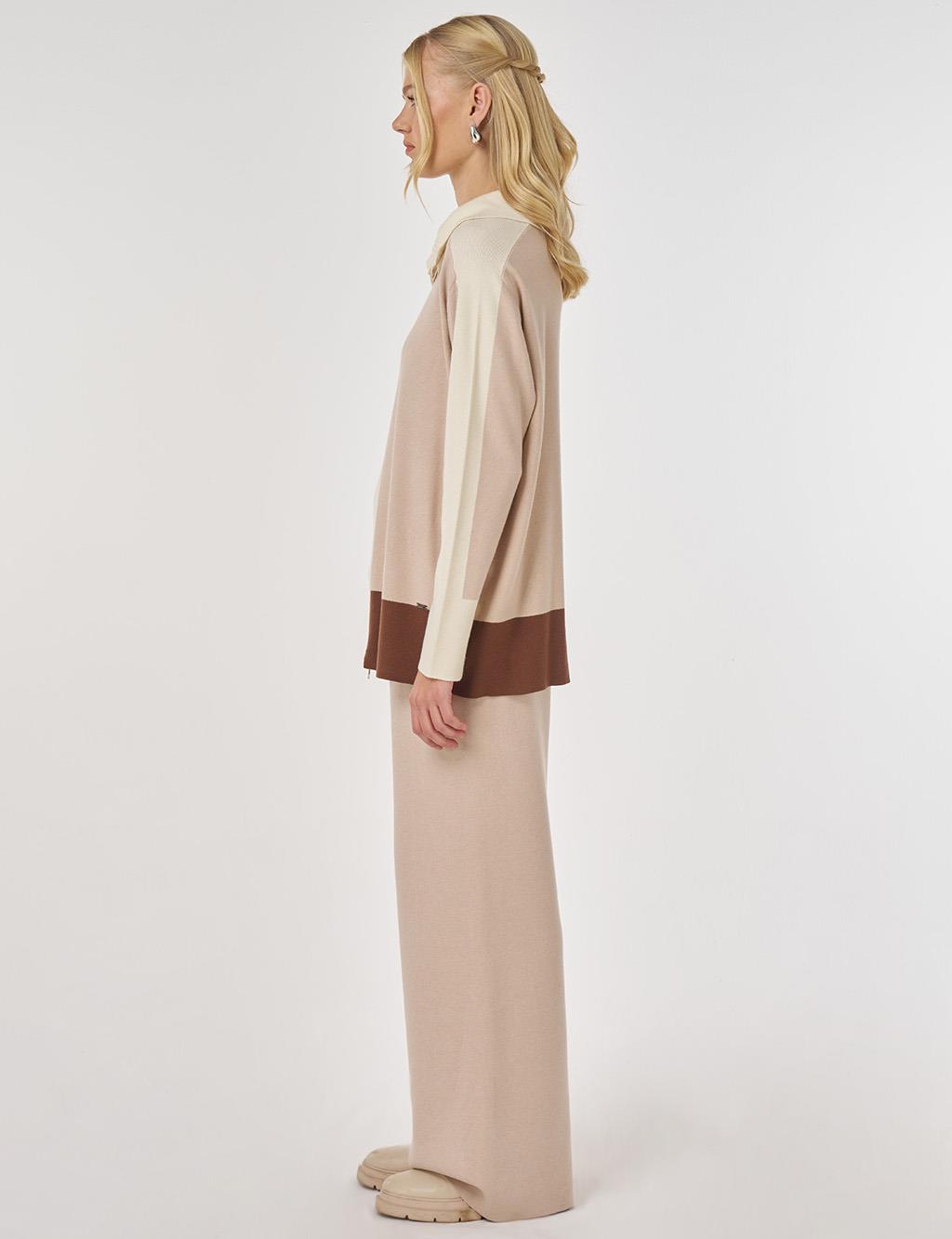Wide Collar Knit Suit in Mink