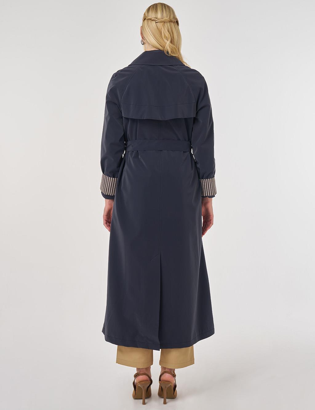 Reglan Kol Kuşaklı Pardesü Koyu Lacivert