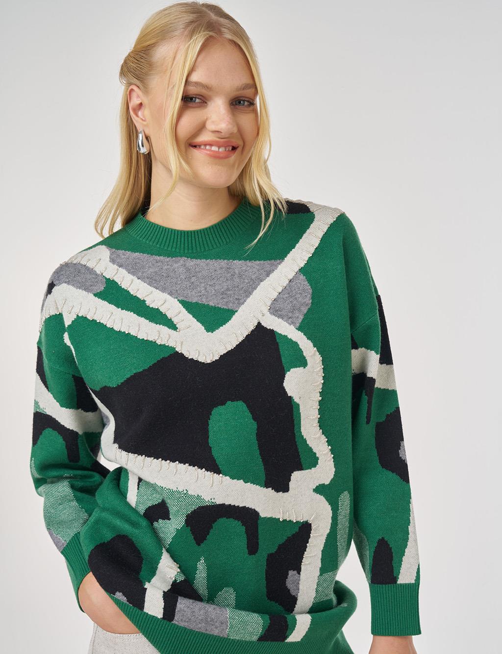 Abstract Patterned Viscose Knit Tunic in Forest Green