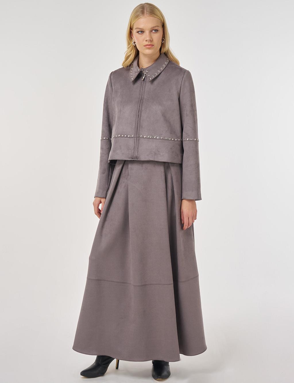 Trok Baskılı Süet Etekli Takım Füme 