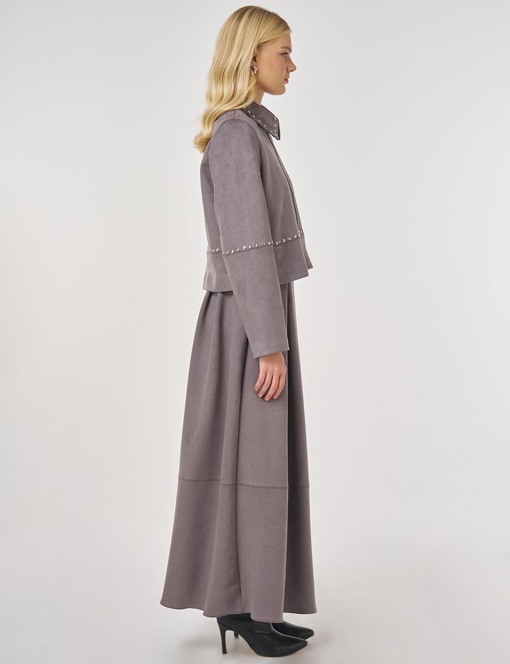 Trok Baskılı Süet Etekli Takım Füme 