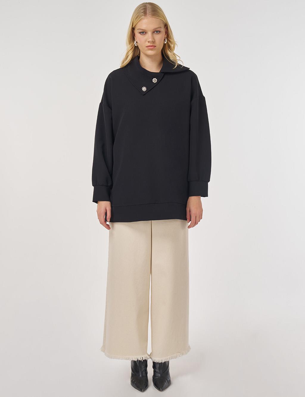 Düğme Detaylı Viskon Sweatshirt Siyah