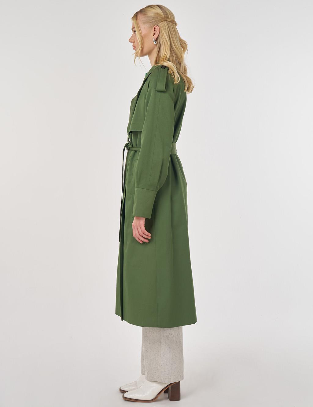 İşleme Detaylı Trençkot Orman Yeşili 