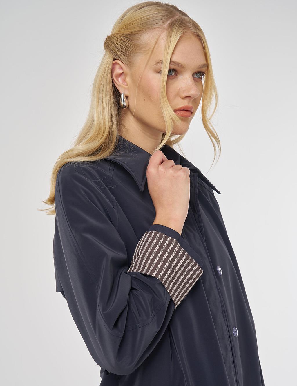 Reglan Kol Kuşaklı Pardesü Koyu Lacivert