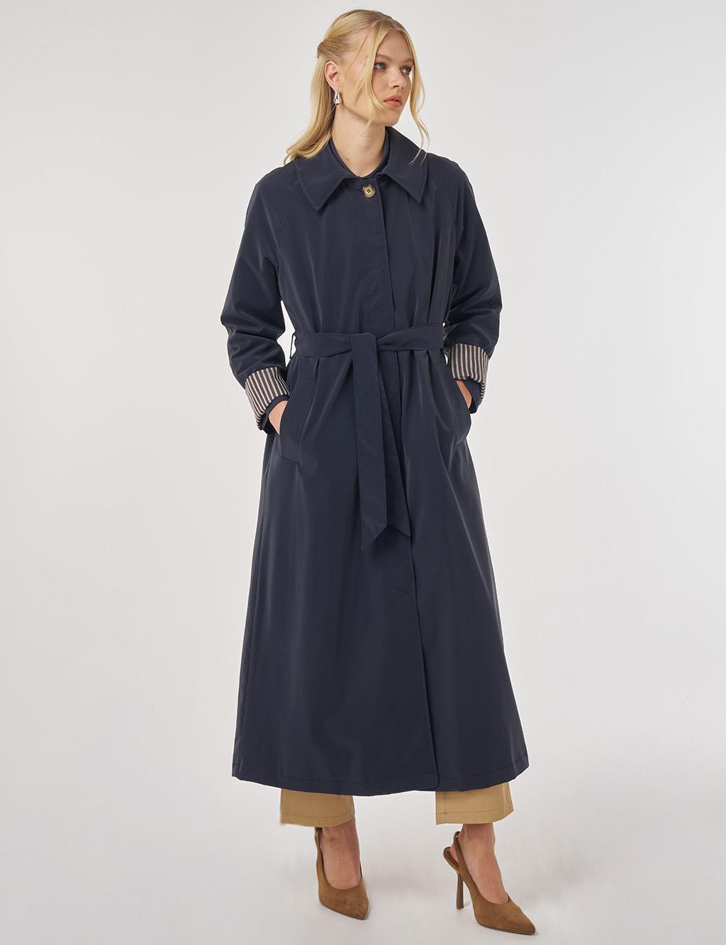 Reglan Kol Kuşaklı Pardesü Koyu Lacivert