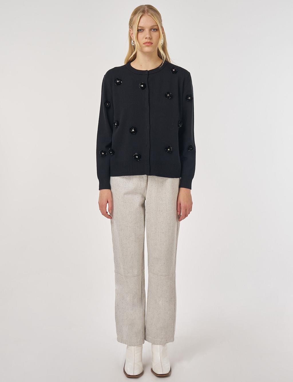 Floral Embroidered Viscose Knit Cardigan in Black