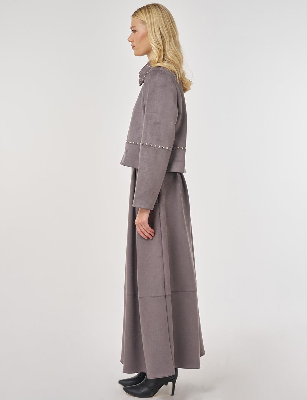 Trok Baskılı Süet Etekli Takım Füme 