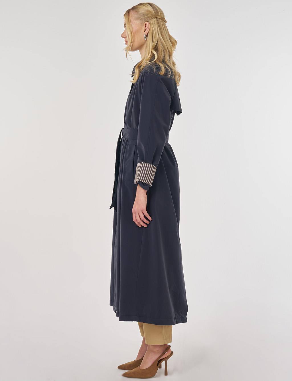 Reglan Kol Kuşaklı Pardesü Koyu Lacivert