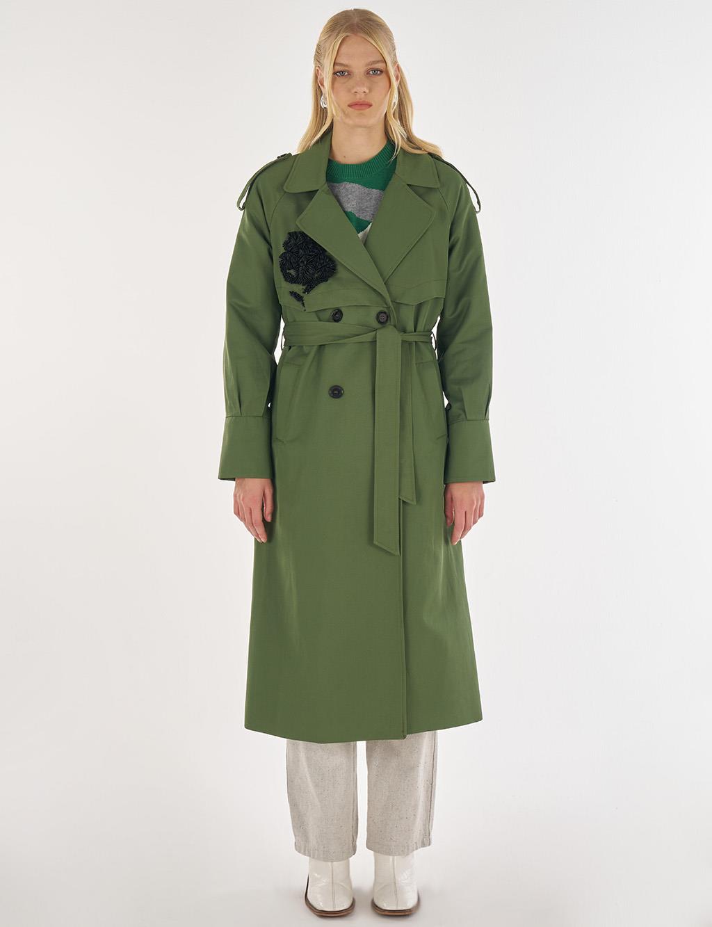 İşleme Detaylı Trençkot Orman Yeşili 