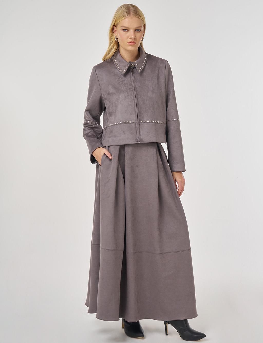 Trok Baskılı Süet Etekli Takım Füme 