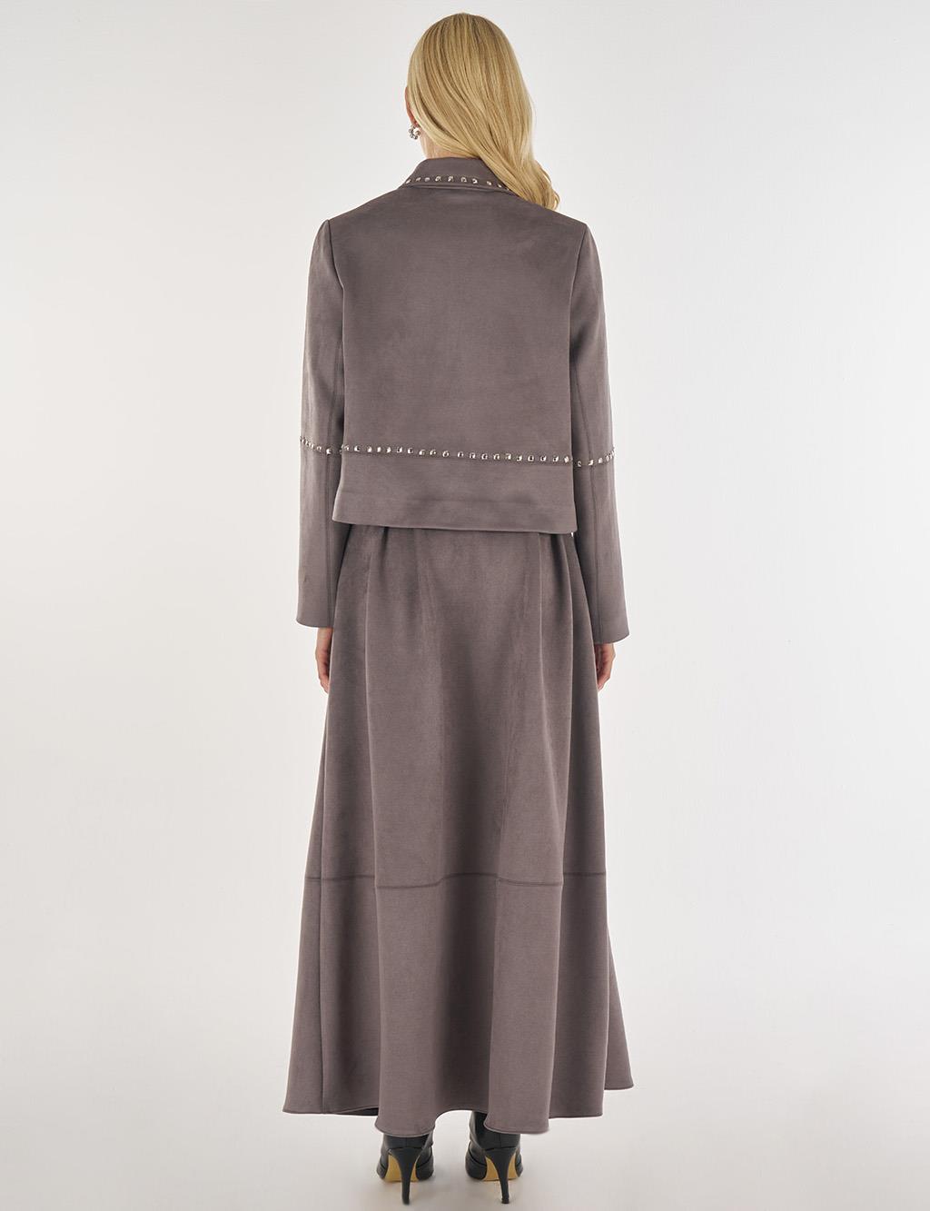 Trok Baskılı Süet Etekli Takım Füme 