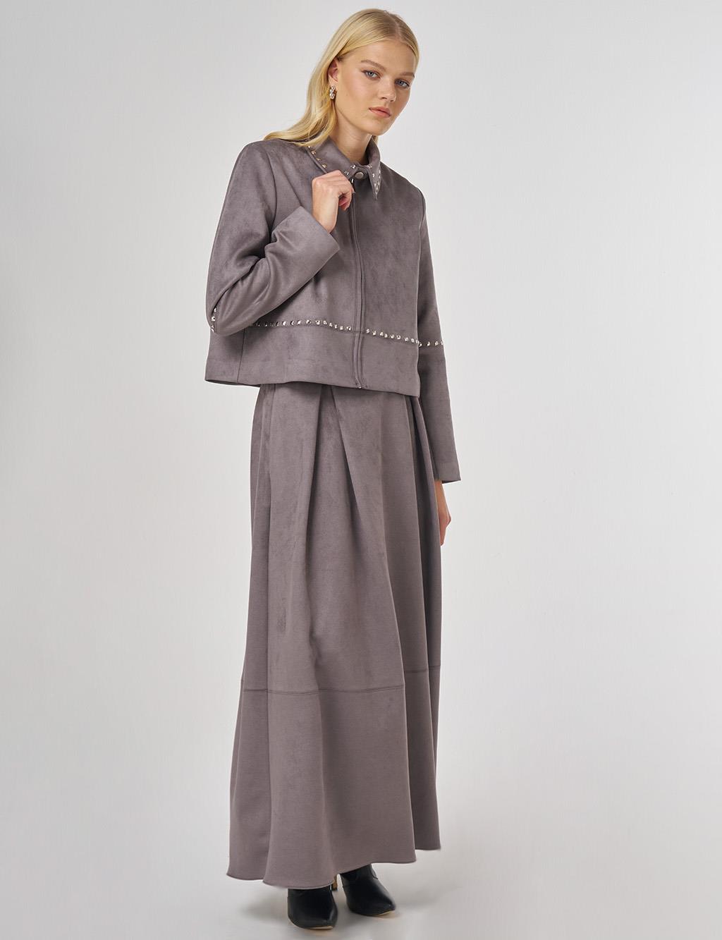 Trok Baskılı Süet Etekli Takım Füme 