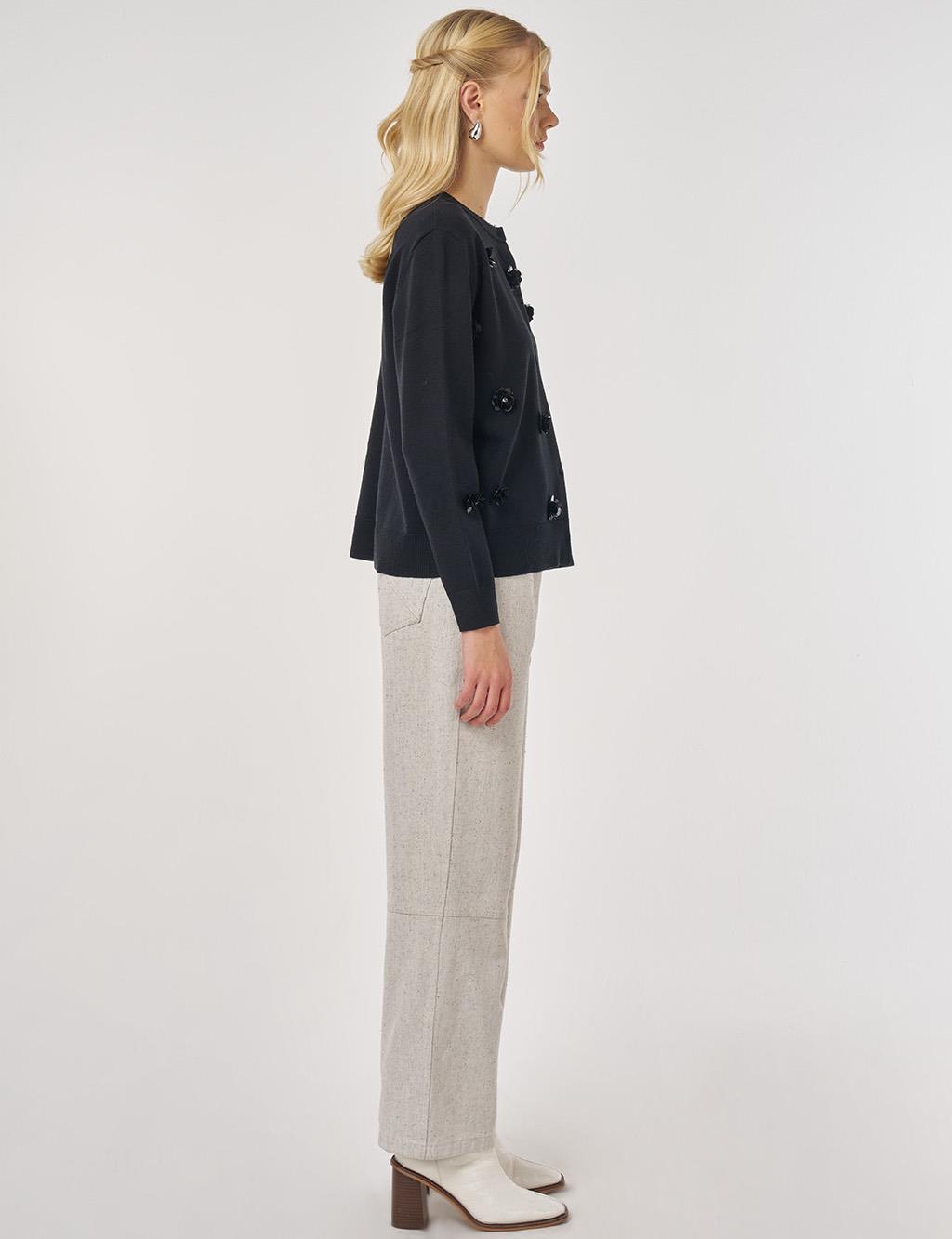 Floral Embroidered Viscose Knit Cardigan in Black