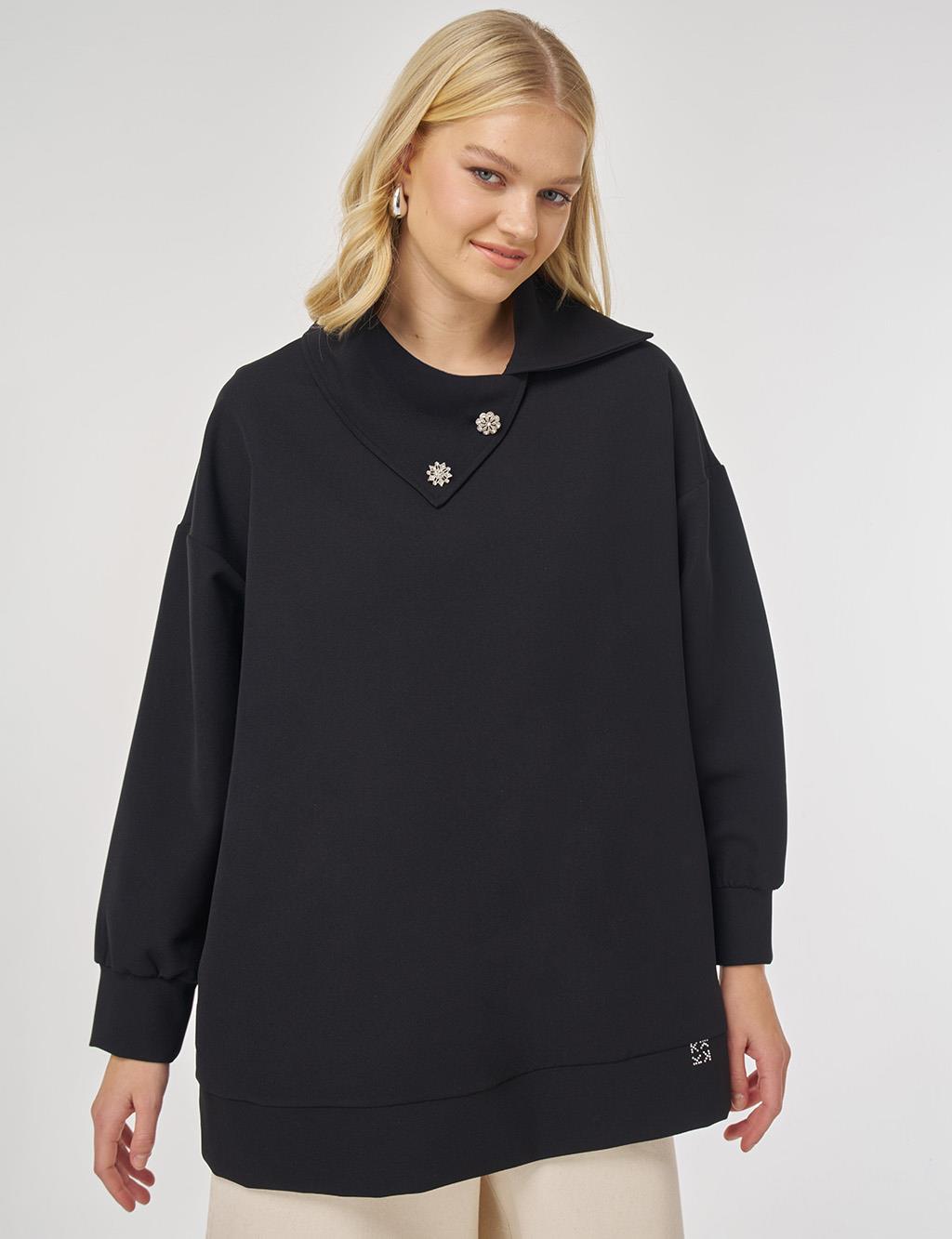 Düğme Detaylı Viskon Sweatshirt Siyah