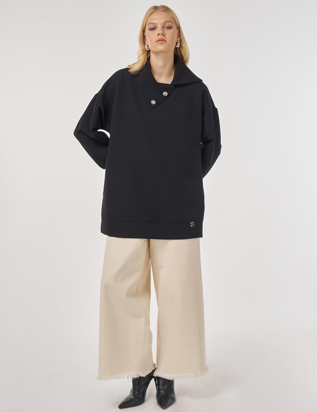 Düğme Detaylı Viskon Sweatshirt Siyah