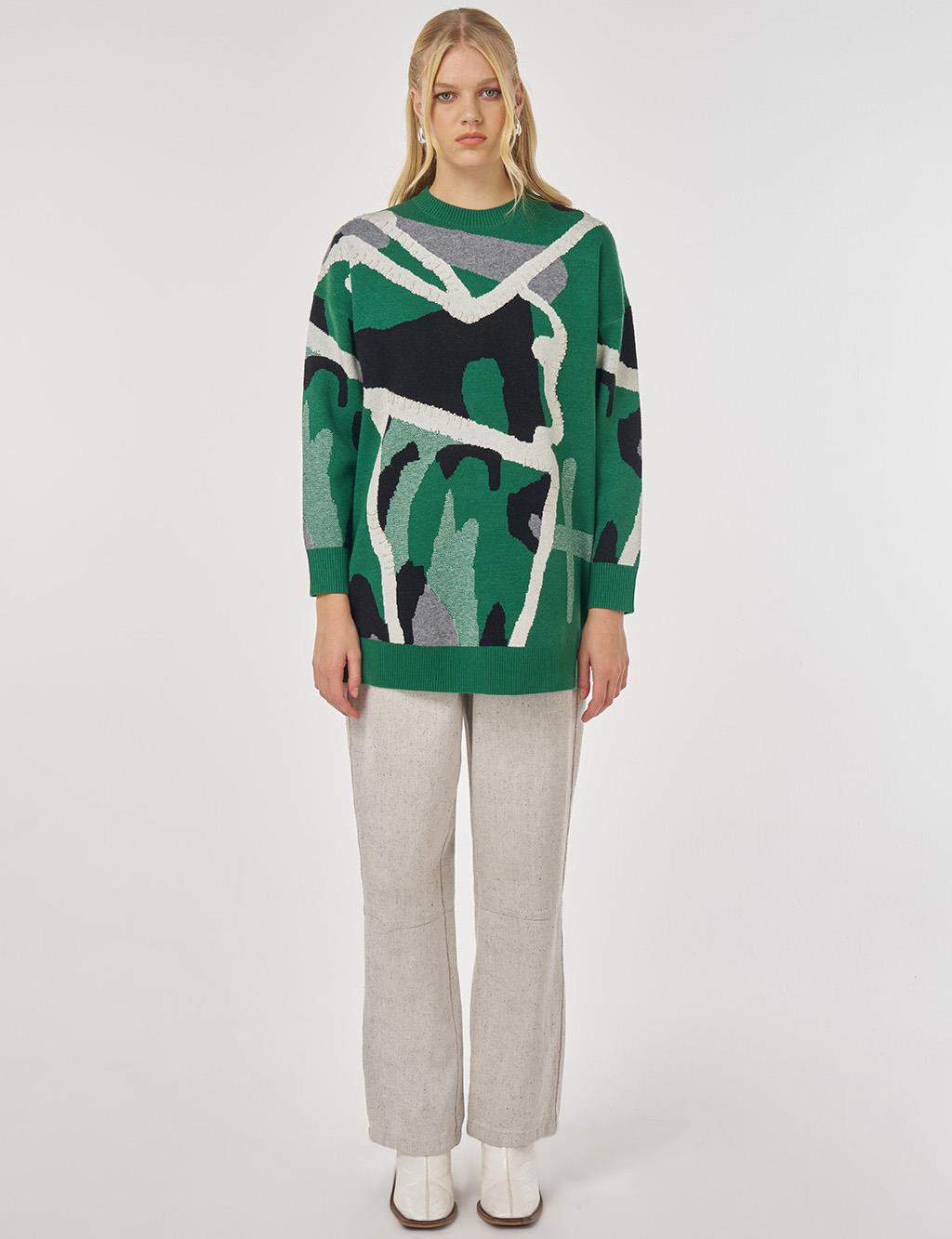 Abstract Patterned Viscose Knit Tunic in Forest Green