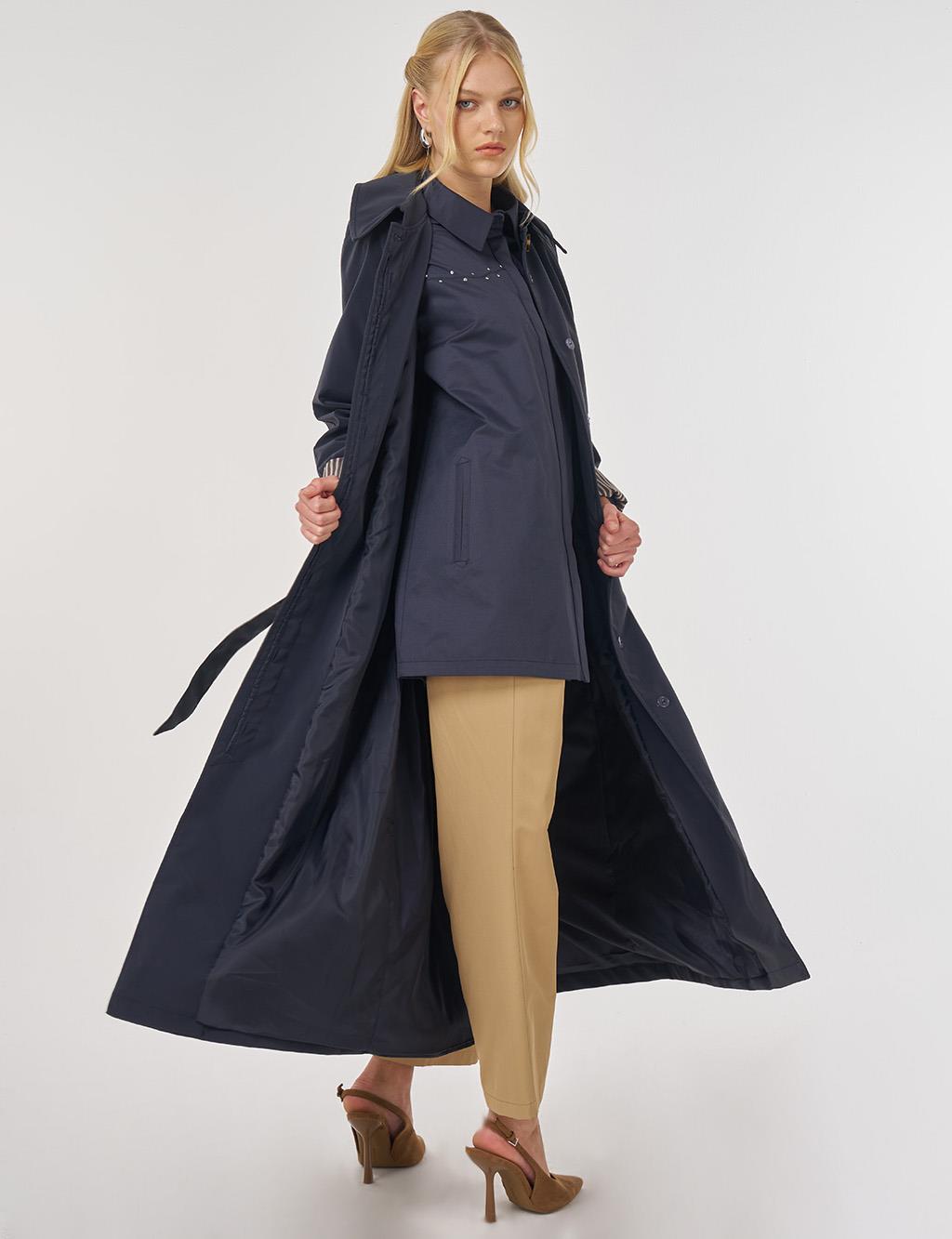 Reglan Kol Kuşaklı Pardesü Koyu Lacivert