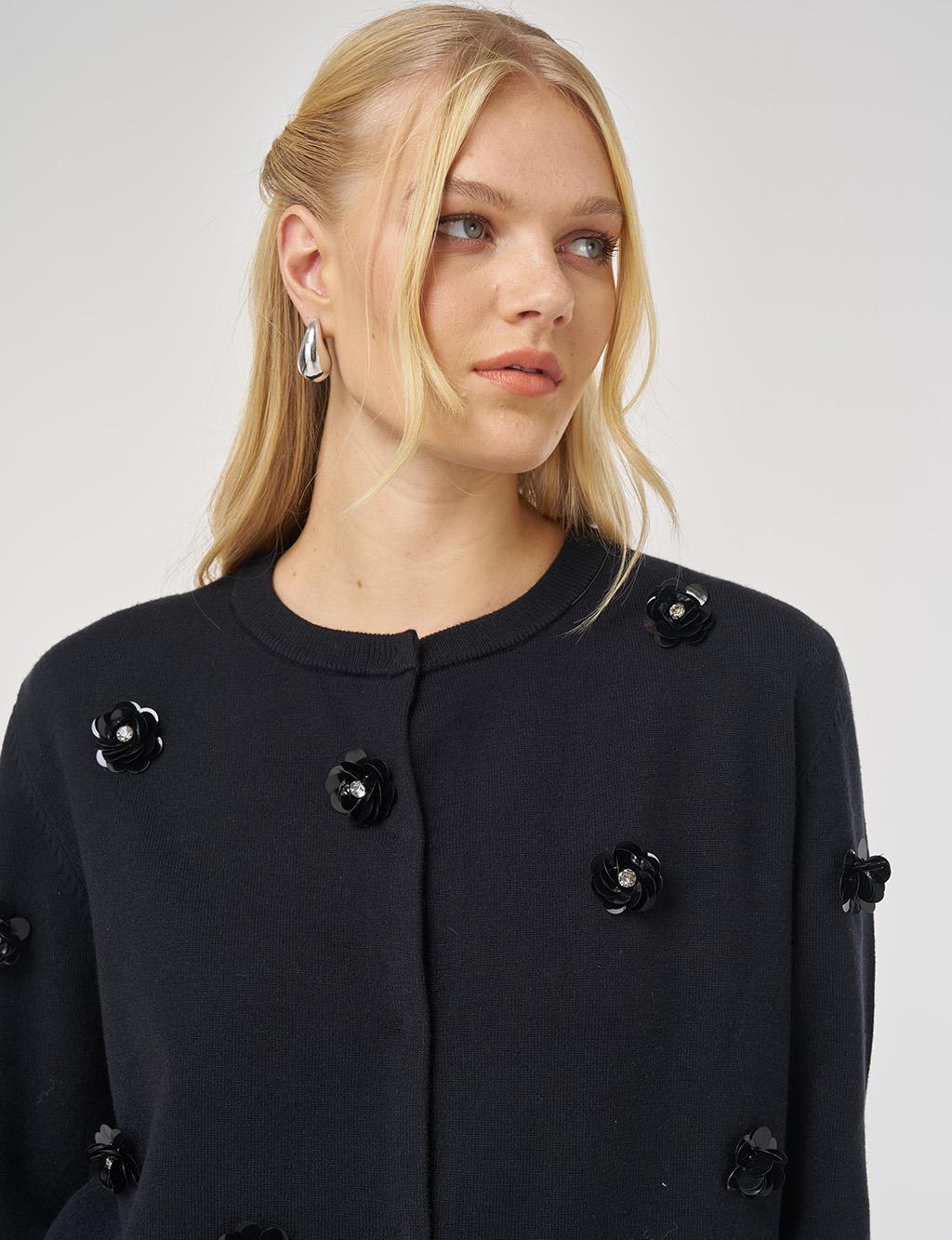 Floral Embroidered Viscose Knit Cardigan in Black