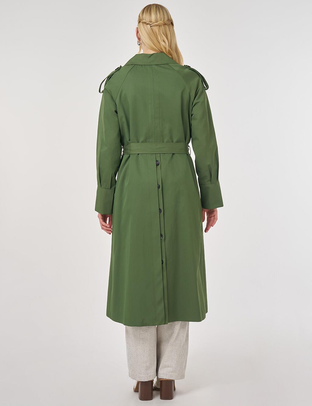 İşleme Detaylı Trençkot Orman Yeşili 